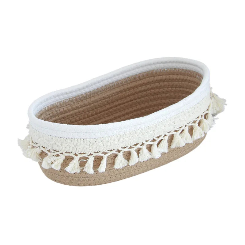 panier rangement tissu coton blanc franges boho chic savon parfum téléphone bougie
