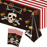 nappe pirate anniversaire crânes sabres chapeaux ancre decoration table noire rouge blanche dorée
