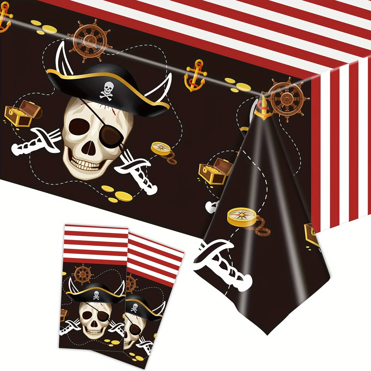 nappe pirate anniversaire crânes sabres chapeaux ancre decoration table noire rouge blanche dorée