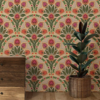 papier peint floral traditionnel beige rose vert orange rouleau opale ethnique chambre salonDecorationMuraleFleurComplexeTraditionnelle