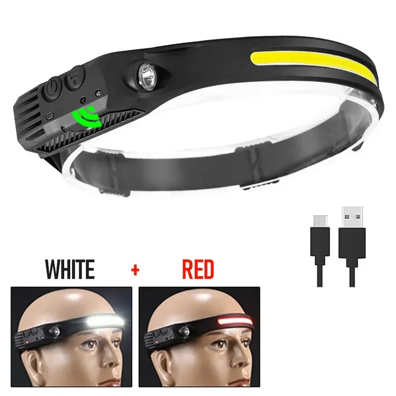 lampe frontale led rechargeable modes éclairage noir jaune blanche rouge bandes élastiques cible fishing