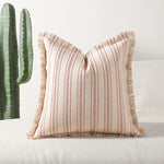coussin housse coton polyester beige rayures rouges franges rustique maison salon chambre voiture