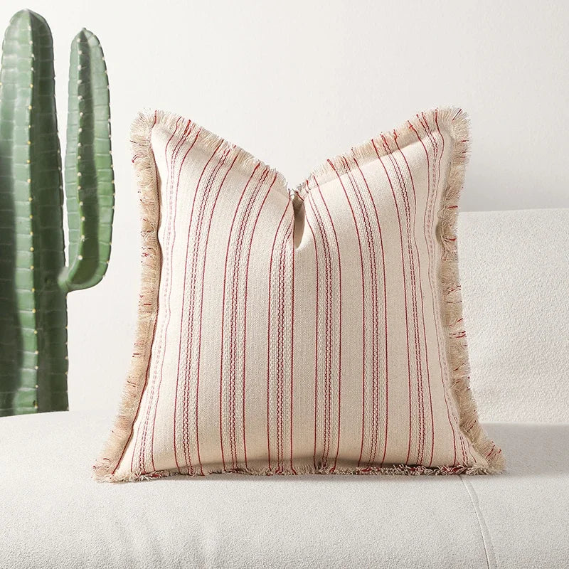 coussin housse coton polyester beige rayures rouges franges rustique maison salon chambre voiture