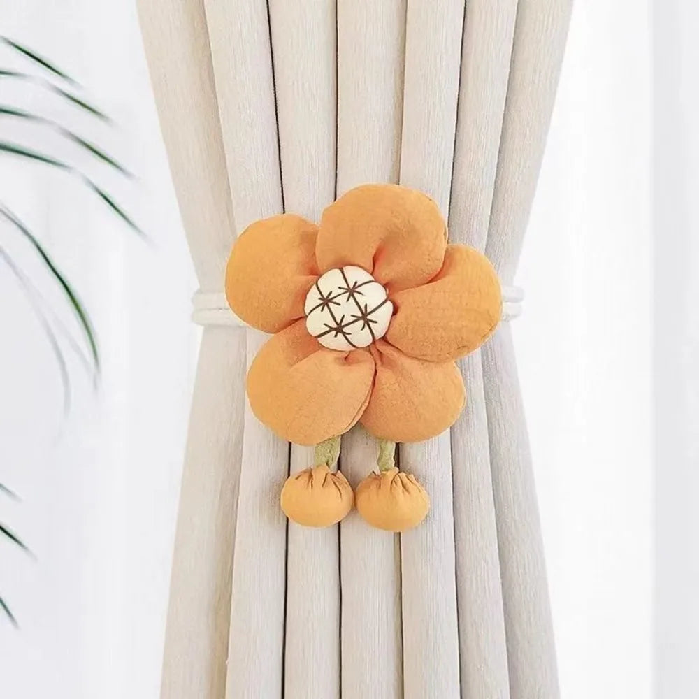 fournitures rideaux coton ornements fleurs reliefs pompons beige rose jaune vert chambre enfants