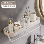 étagères rangement murales adhésives blanches modernes salle bain produits cosmétiques bouteilles lessive serviettes
