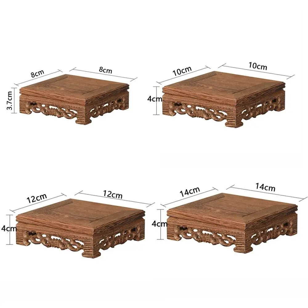 support décoratif bois artisanal 14cm 12cm 10cm 8cm marron foncé ornements sculptés traditionnel