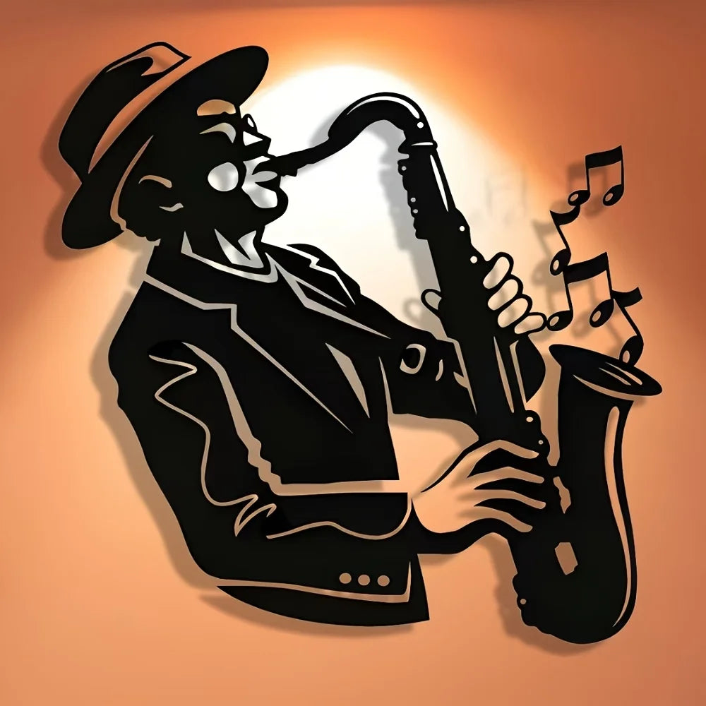 tableau mural noir saxophoniste illustration musicale art populaire décoration salon chambreOpaque 30cmx30cm