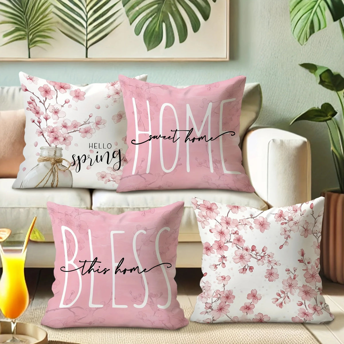 housse coussin imprimé fleurs roses hello spring sweet opaque moderne 45x45cm polyester