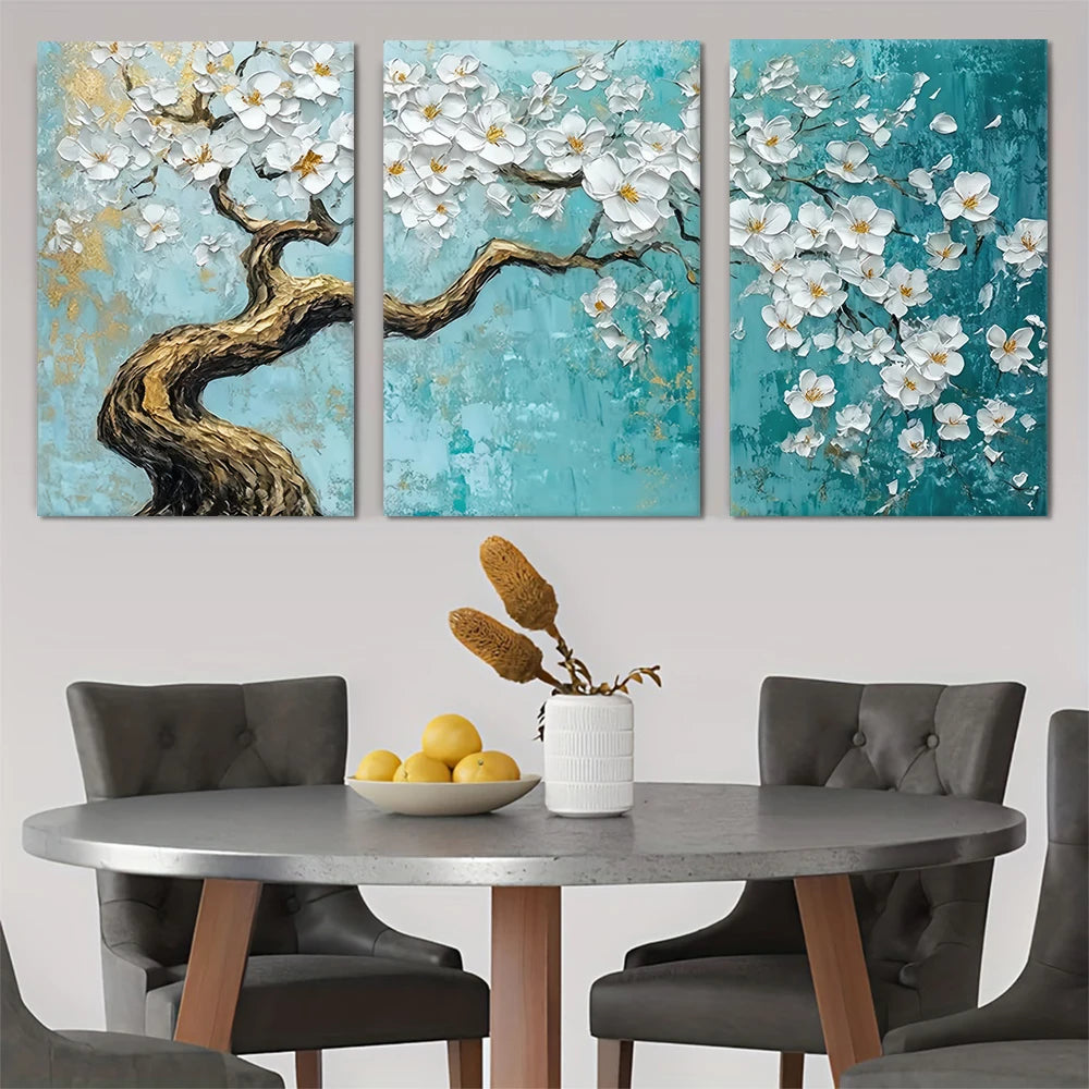 tableau mural peinture abstraite fleurs bleu clair blanc doré moderne sans cadre décoration intérieure