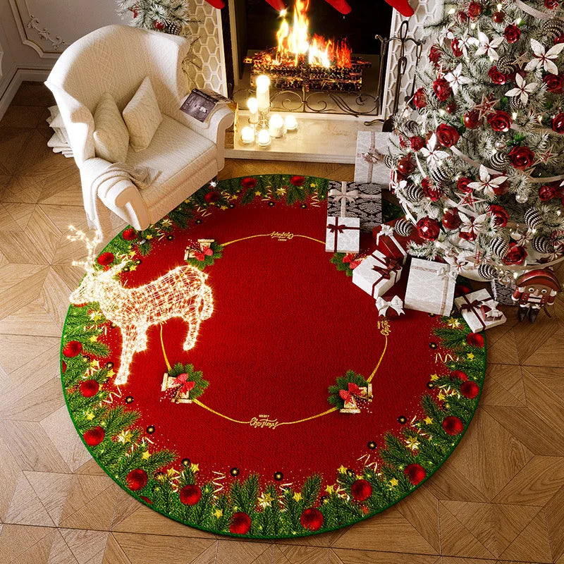 tapis sol rond noël arbre rouge cerf blanc décoratif festif maison salon intérieur