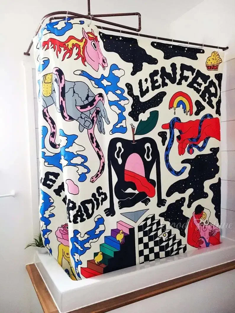 rideau douche graphique surréaliste métalliques personnages animaux fantastiques moderne blanc cassé