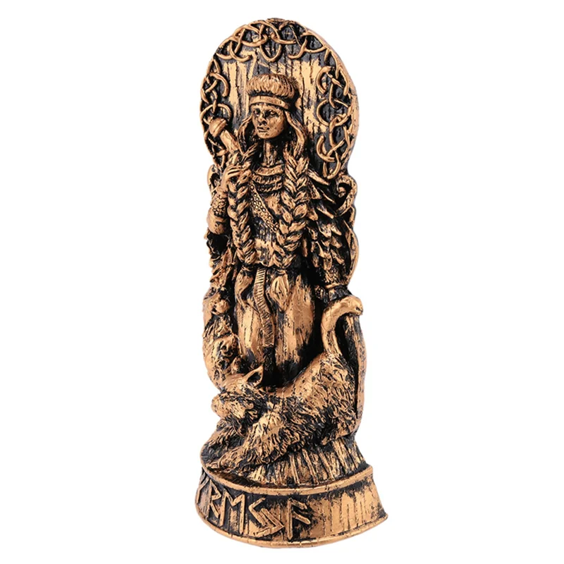 statue freyja femme loups oiseaux runes mur nordique décoration bronze noirscrição