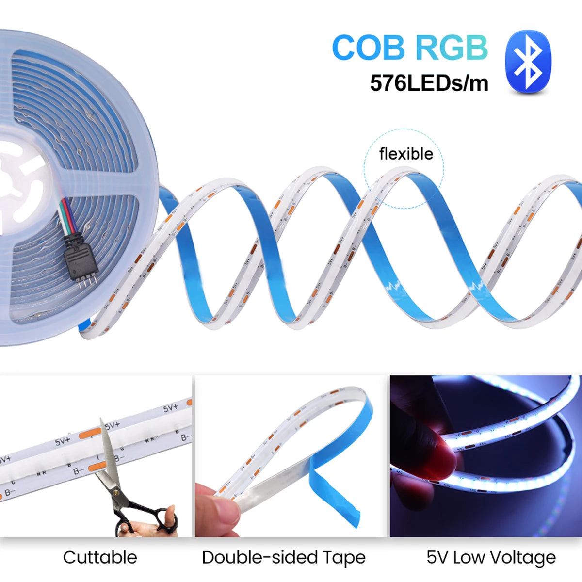 ruban led flexible bleu blanc controle bluetooth telecommande 44touches adaptateur usb moderne technologie