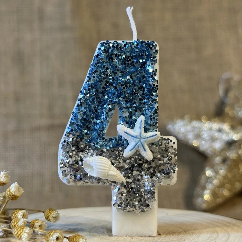 décoration gâteau sirène océan bougie chiffre paillettes étoiles mer coquillage thème marin blanc bleu