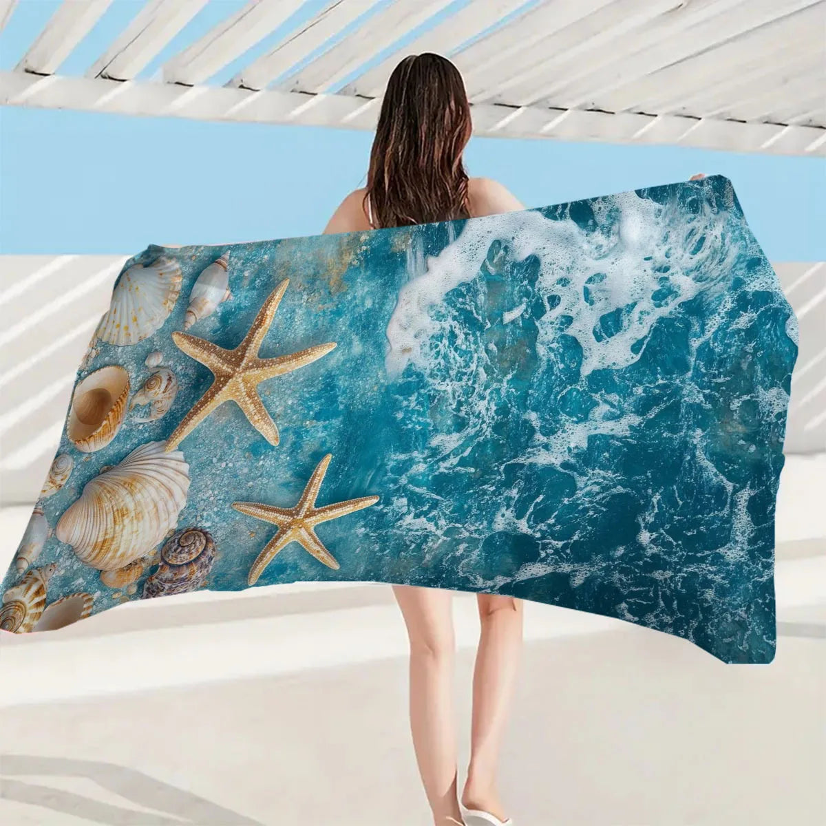 serviette plage motif marin étoiles mer coquillages rapide sec bleu moderne été absorption polyester