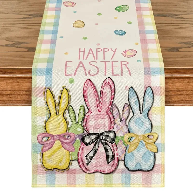 table pâques rectangle polyester fleurs lapins œufs happy easter beige blanc festive pastorale