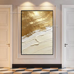 tableau abstrait contemporain doré blanc lignes ondulées toile rectangle vertical sans cadre