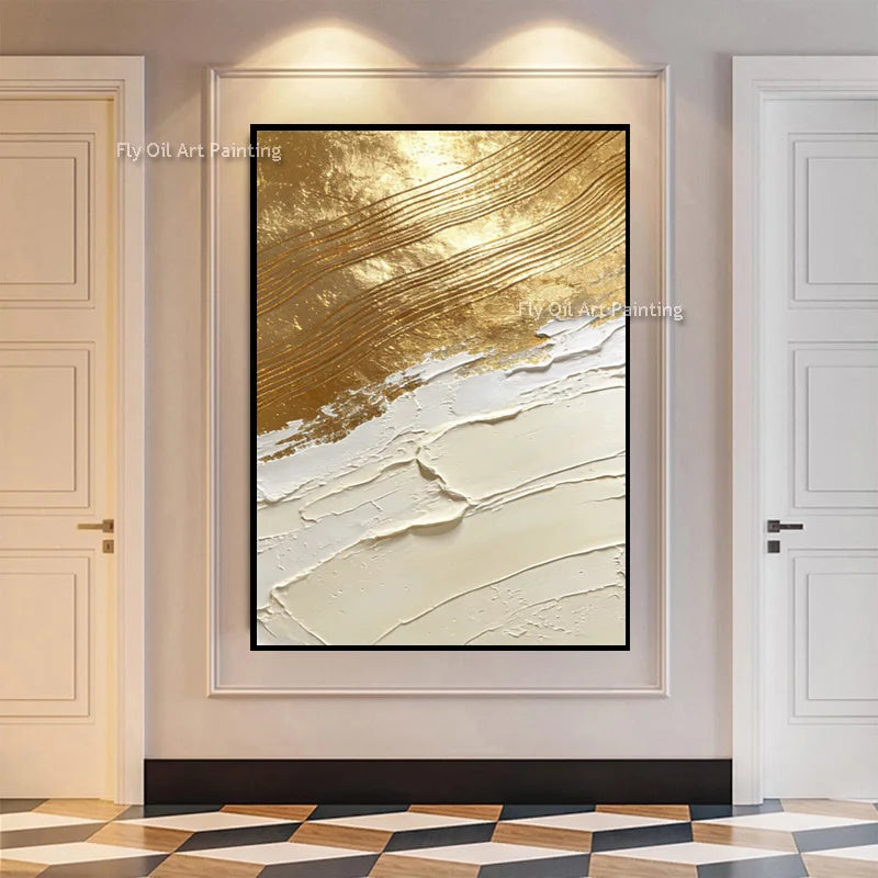 tableau abstrait contemporain doré blanc lignes ondulées toile rectangle vertical sans cadre