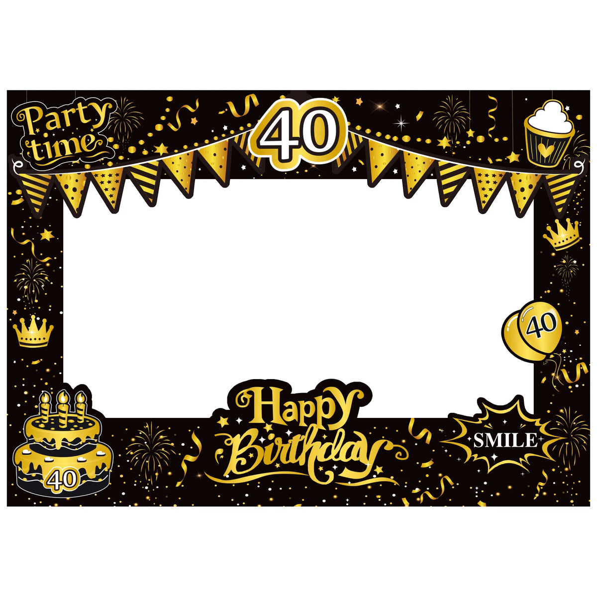 cadre photo noir doré guirlandes happy birthday party time smile festive