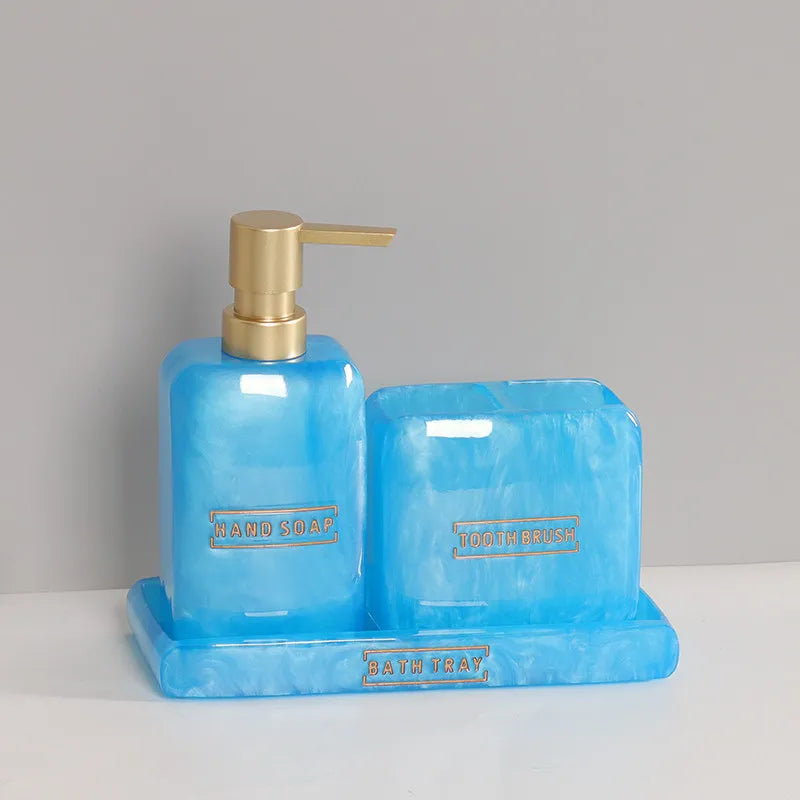 ensemble salle bain blanc or marbre moderne brosse dents savon pompe plateau rangement