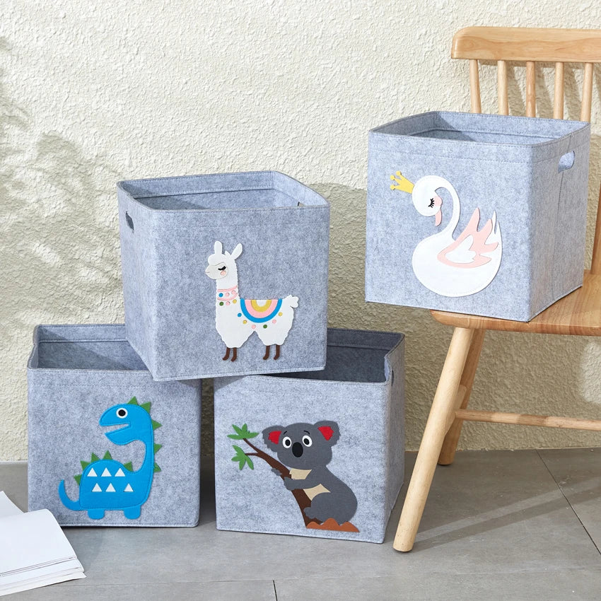 boîte rangement tissu felt pliable animaux motif gris clair enfant jouets vêtements poignées