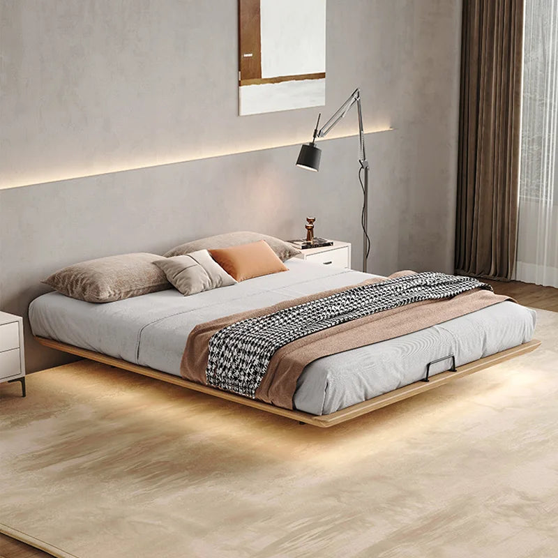 lit plateau bois moderne minimaliste sommier tapissé beige oreillers plaid géométrique tapis minimaliste
