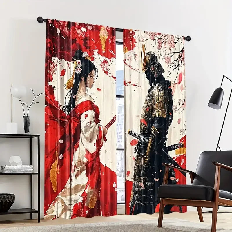rideaux imprimés personnages japonais traditionnel rouge blanc opaques deux pièces