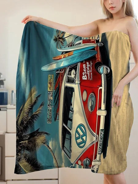 serviette bain polyester absorption rapide serviette vintage bus vw palmiers planches surf plage bleu