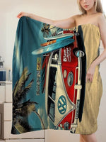 serviette bain polyester absorption rapide serviette vintage bus vw palmiers planches surf plage bleu