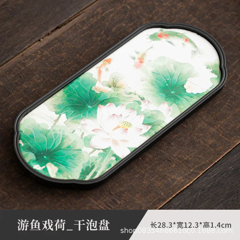 plateau thé traditionnel fleuri couleur noir tasse théière serviette asiatique