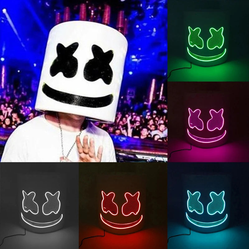 masque lumineux cosplay marshmello blanc noir souriant oreilles lapin texturé moderne câble électrique
