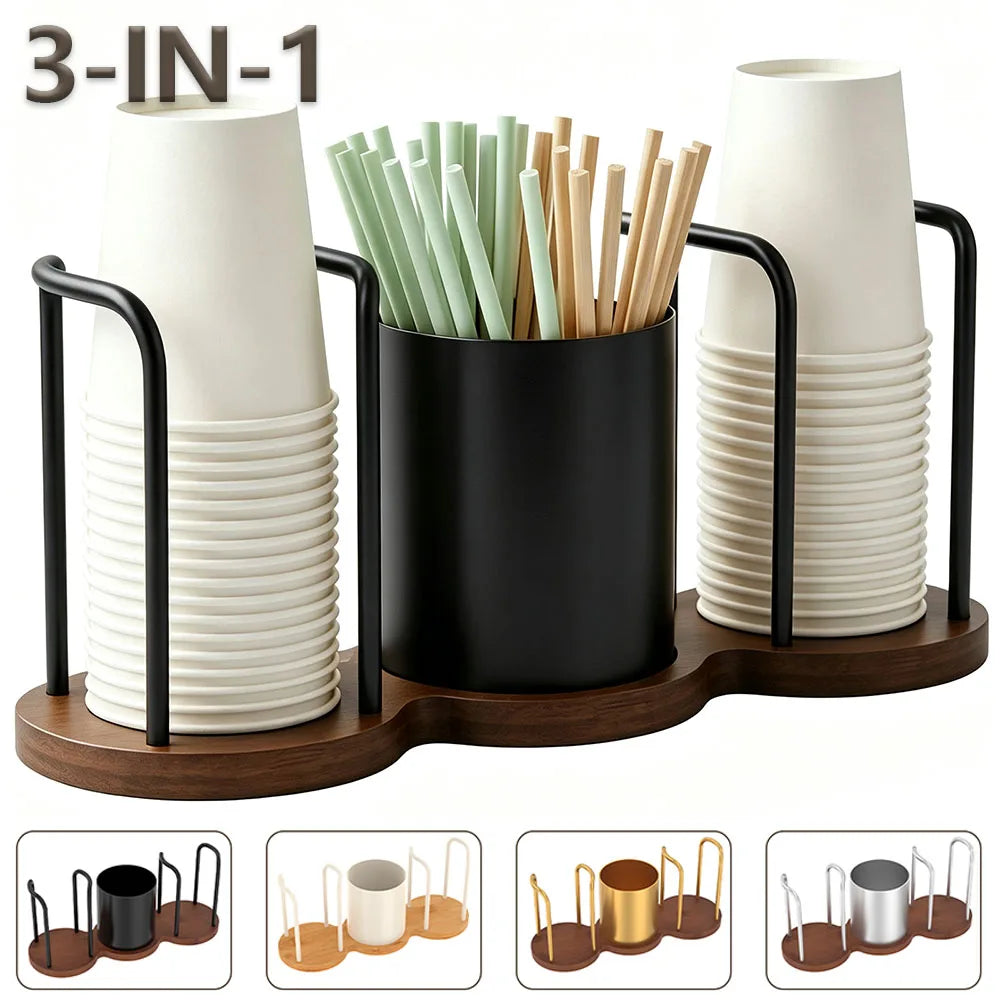 support tasses papier pailles rangement moderne noir bois foncé rondelles blanc