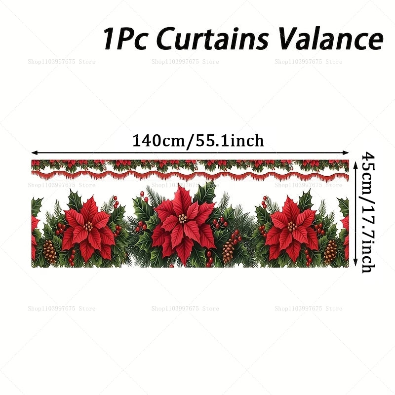 rideau fenêtre noël blanc rouge vert poinsettia houx opacité 140x45cm decoration façade cuisine