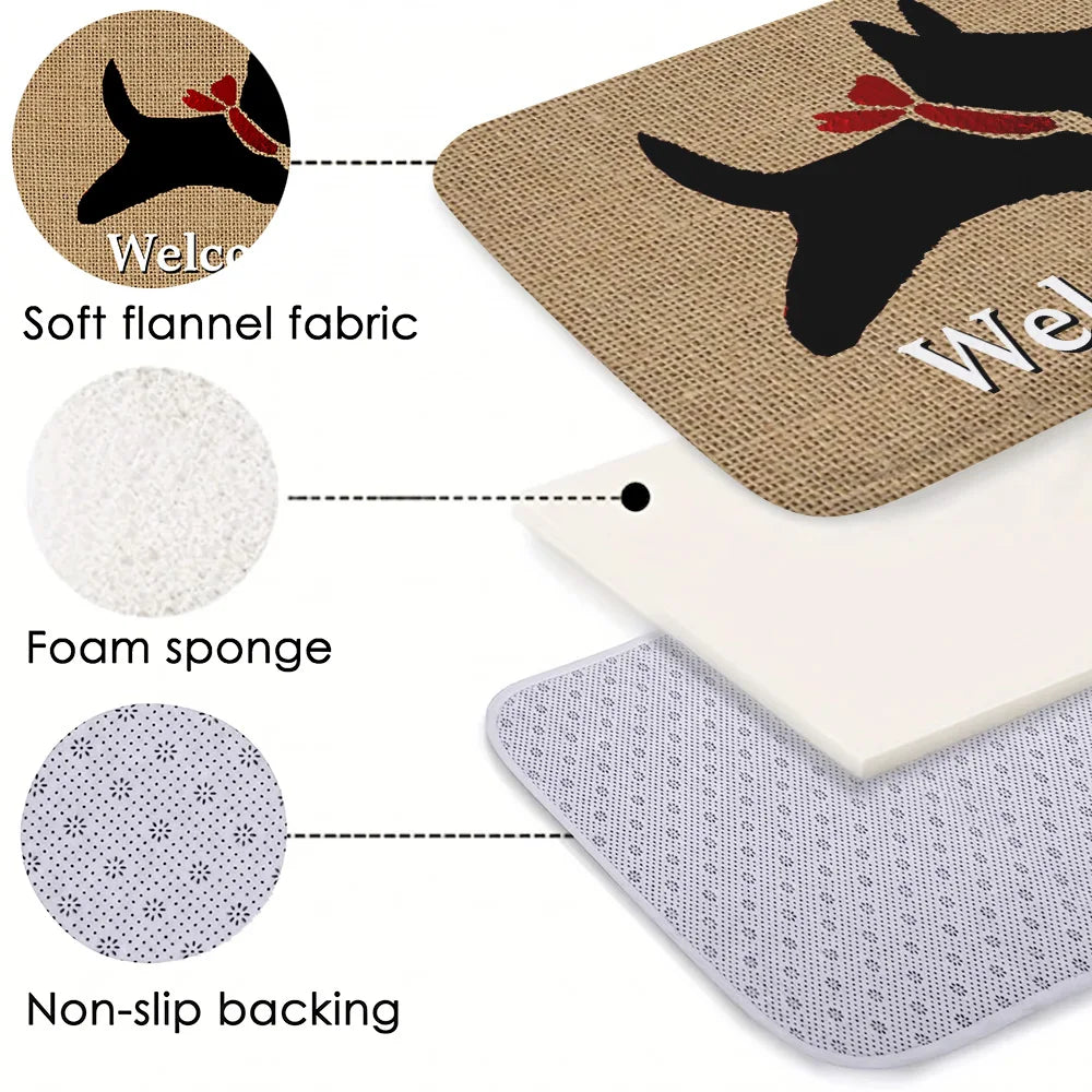 tapis d'entrée moderne motif chien noir écharpe rouge fond beige antidérapant polyester