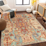 tapis salon classique motif floral traditionnel rouge bleu beige intérieur décoration maison ancien