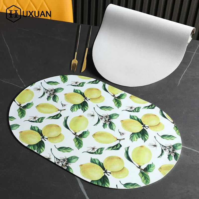 tapis table moderne fleurs feuilles citrons blanc vert jaune rouge beige