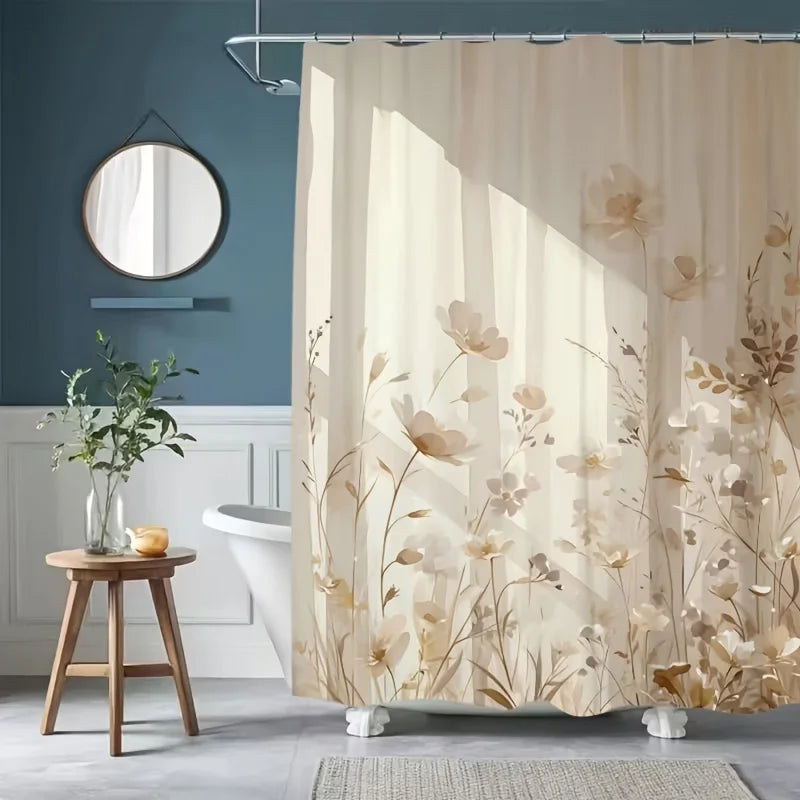 rideau douche moderne floral fleurs stylisées beige opacité ourlet standard facile installer 170x180cm