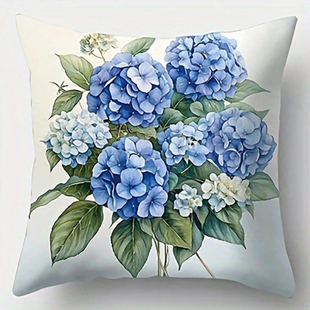 housse coussin fleurs hydrangeas bleu blanc vert classique 45x45cm zipper cache