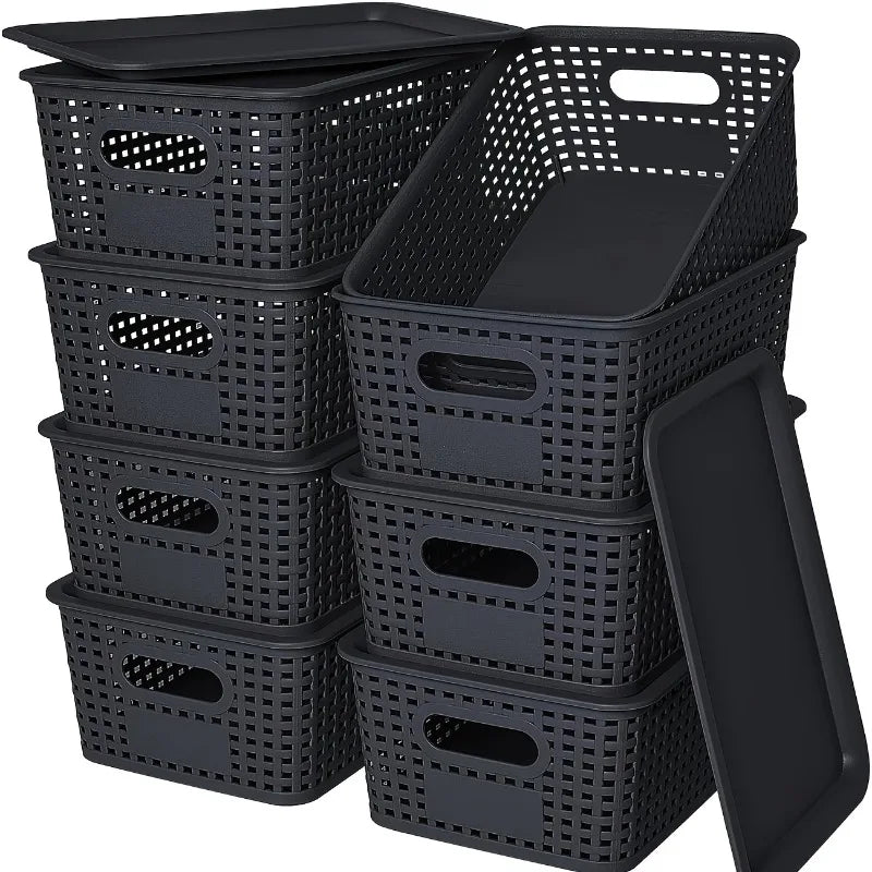 boîtes rangement réutiliables tressées gris blanc modernes minimalistes pièces couvercles plastique