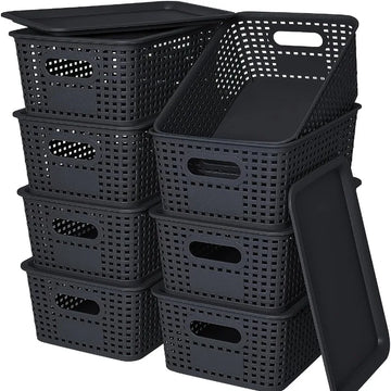 boîtes rangement réutiliables tressées gris blanc modernes minimalistes pièces couvercles plastique
