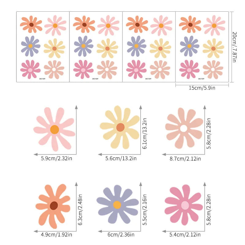 sticker mural moderne fleur simple rose orange jaune bleu adhésif décoration chambre fille