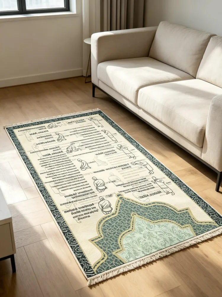 tapis traditionnel géométrique polyestère beige vert noir franges classique İslam
