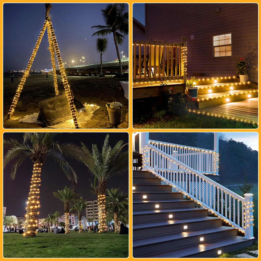 guirlande lumineuse solaire 100 led 10m corde chanvre jardin extérieur modes ip65