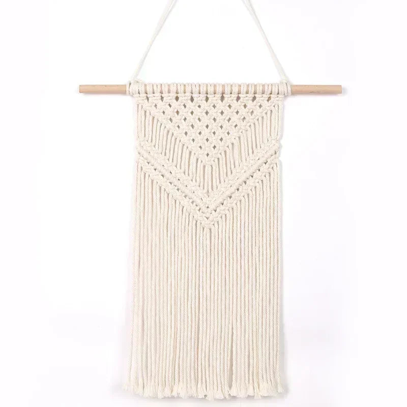 tapisserie macramé boho chic beige motifs géométriques franges moderne suspension maison