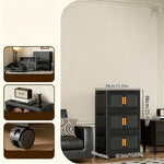 rangement modulaire meuble noir panneaux transparents poignées dorées roulettes facile assembler chambre salon cuisine
