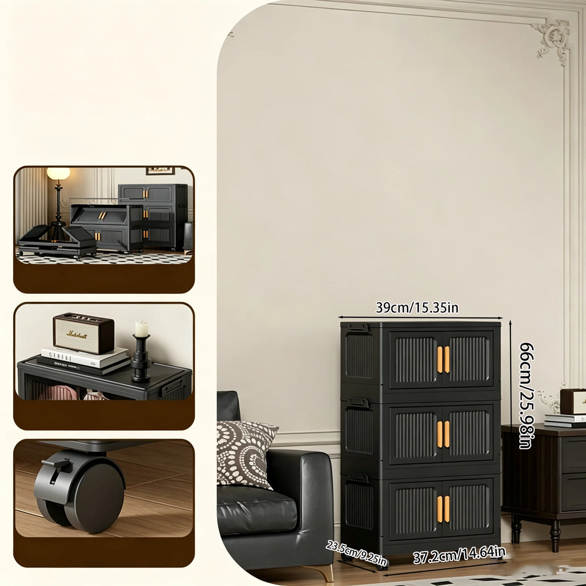 rangement modulaire meuble noir panneaux transparents poignées dorées roulettes facile assembler chambre salon cuisine