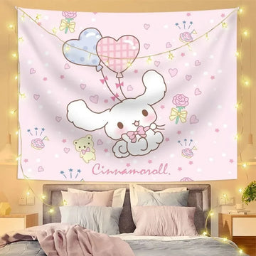 tapisserie décorative dessin animé cinnamoroll coeurs fleurs cerises citrons étoiles polyester coton rose bleu