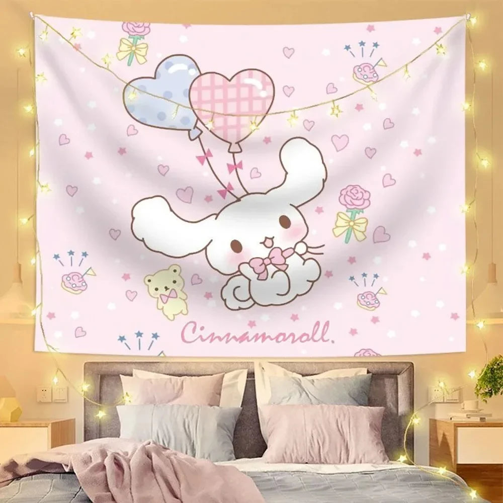 tapisserie décorative dessin animé cinnamoroll coeurs fleurs cerises citrons étoiles polyester coton rose bleu