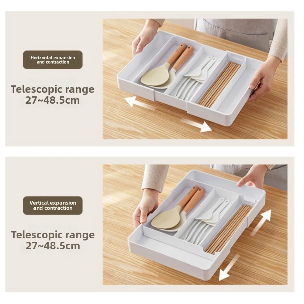 organisateur tiroir modulaire blanc rangement ustensiles cuisine minimaliste boîte papeterie rétractable conteneurs multifonctionnels