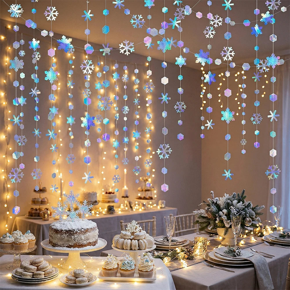 guirlande flocons neige holographique bleu argenté mariage anniversaire noël festive